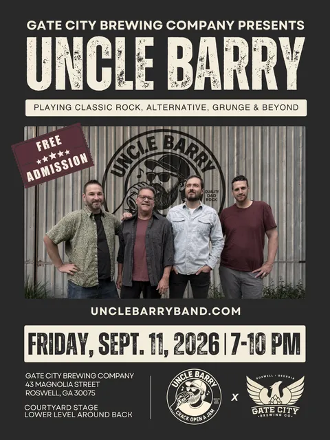 Gate City Brewing Company presents Uncle Barry — Friday, September 11, 2026, 7–10 PM, free admission